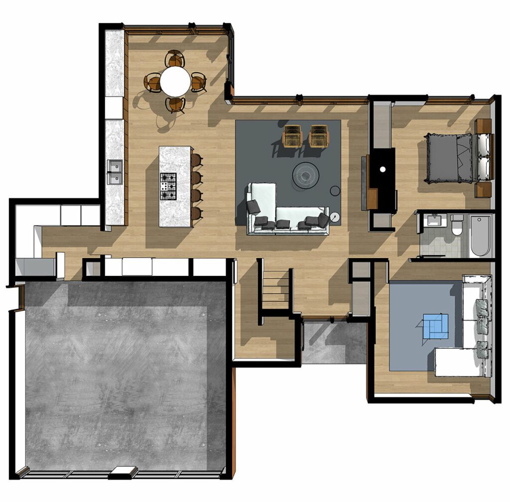 Plano de planta amueblado de una casa moderna.