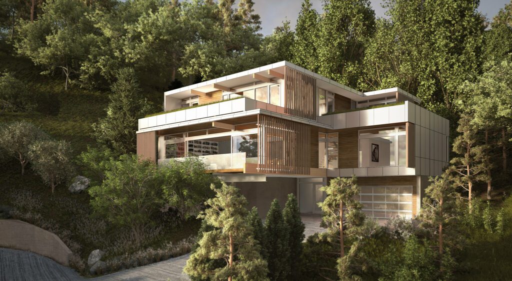 Rendering of a two-story modern home on a steep hillside