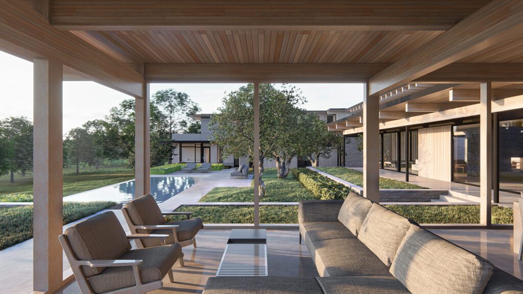 Rendering of a modern home from the view of the screened porch