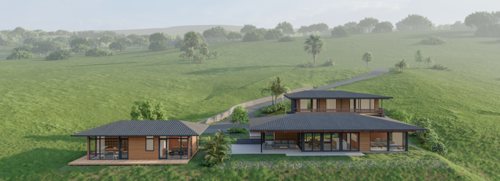 Rendering of a modern custom home on a Hawaiian landscape with palm trees and blue sky visible