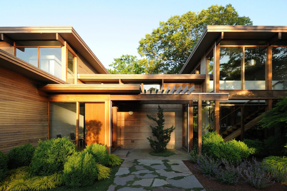 Entrance to a wooden modern home