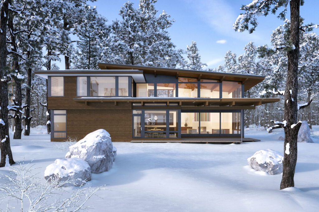 Representación de una casa moderna en un paisaje nevado.