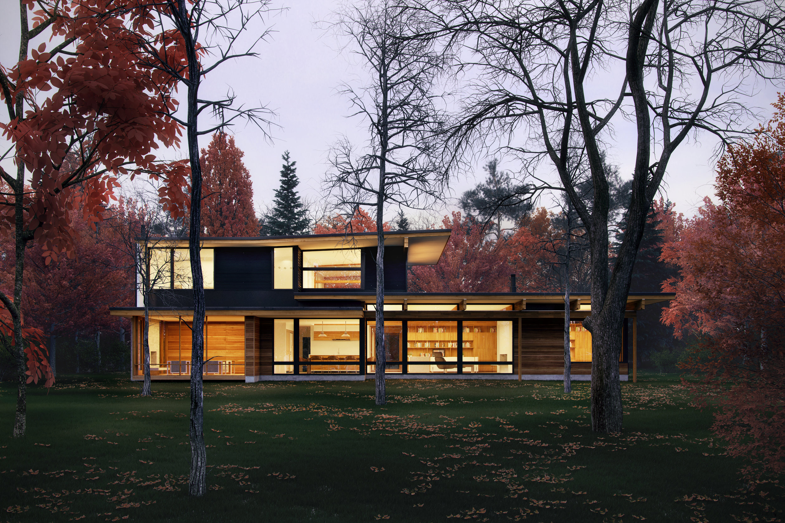 Rendering of a modern home surrounded by autumn trees