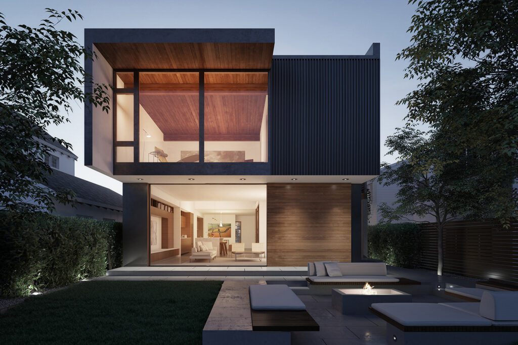 Rendering of a two-story modern home with a backyard firepit