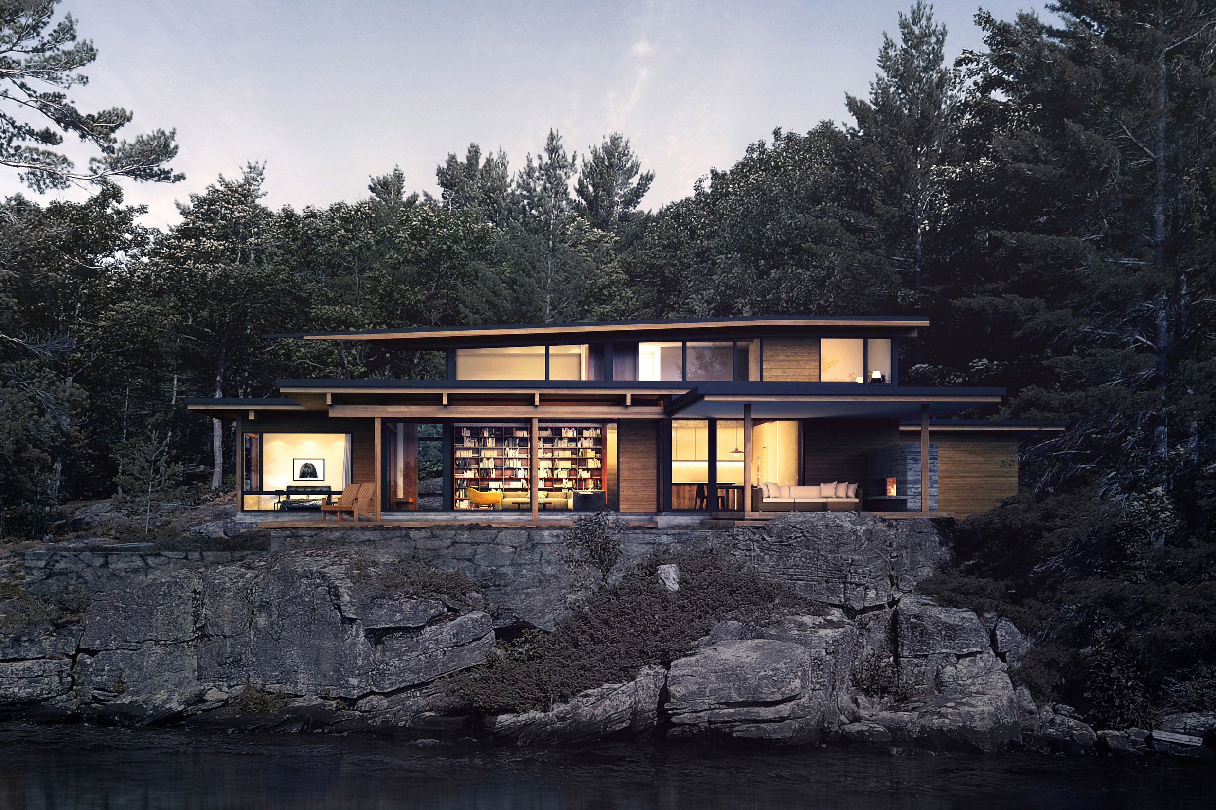 Rendering of a modern home, perched on a rocky landscape, overlooking the water; an extensive library is visible