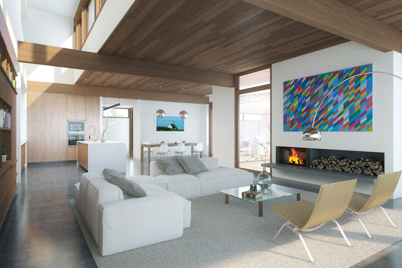 Rendering of a modern living space with a library and fireplace