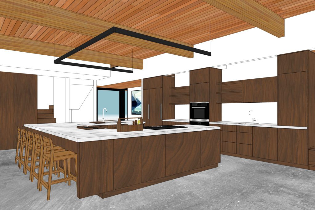 Rendering of a modern kitchen with custom cabinetry
