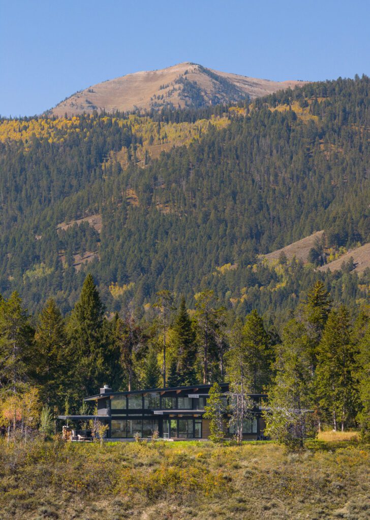 Vue extérieure en élévation d'une maison moderne avec une montagne arborée en arrière-plan