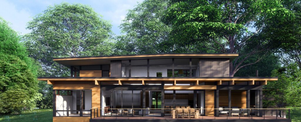 Rendering of a modern two-level modern home with a large deck
