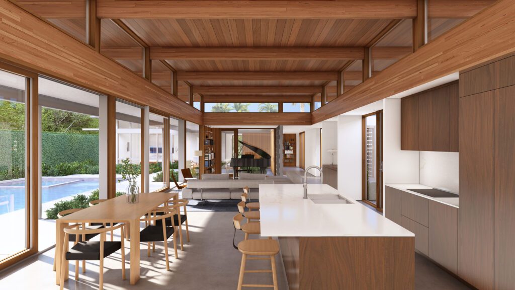 Rendering of the great room of a single-level Palm Springs home, with the kitchen island and dining table in the foreground