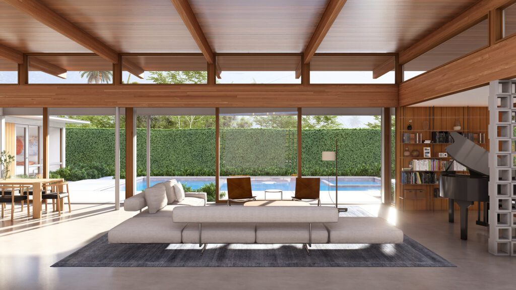 Rendering of the great room of a single-level Palm Springs home facing out to the patio