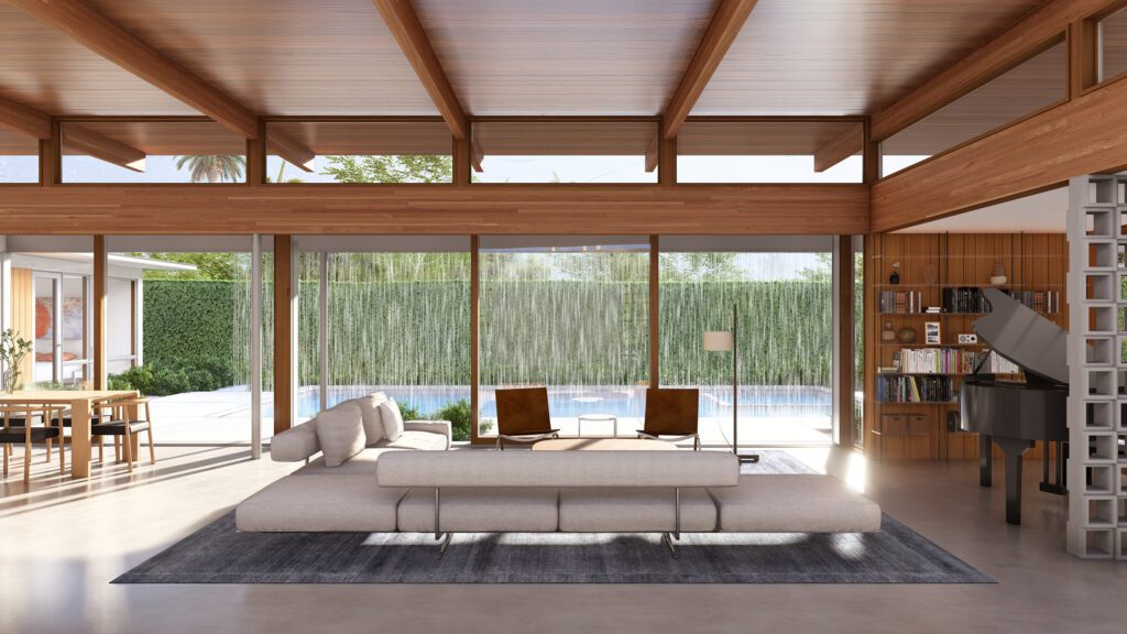 Rendering of the great room of a single-level Palm Springs home facing out to the patio with a waterfall blurring the line between indoor and outdoor spaces