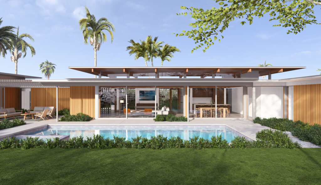 Exterior elevation of a single-level Palm Springs home with the pool in the foreground