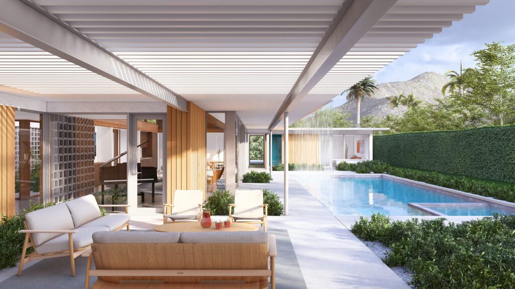 Rendering of the outdoor living area of a single-level Palm Springs home with the waterfall on