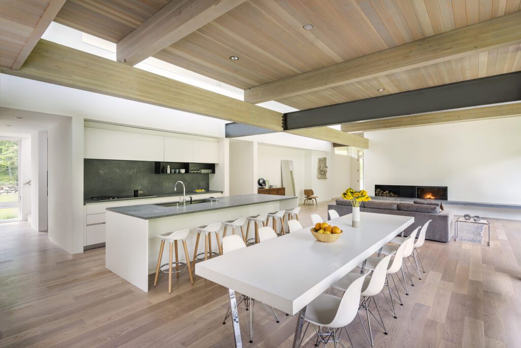 Large open kitchen and dining area of a modern wood-frame home