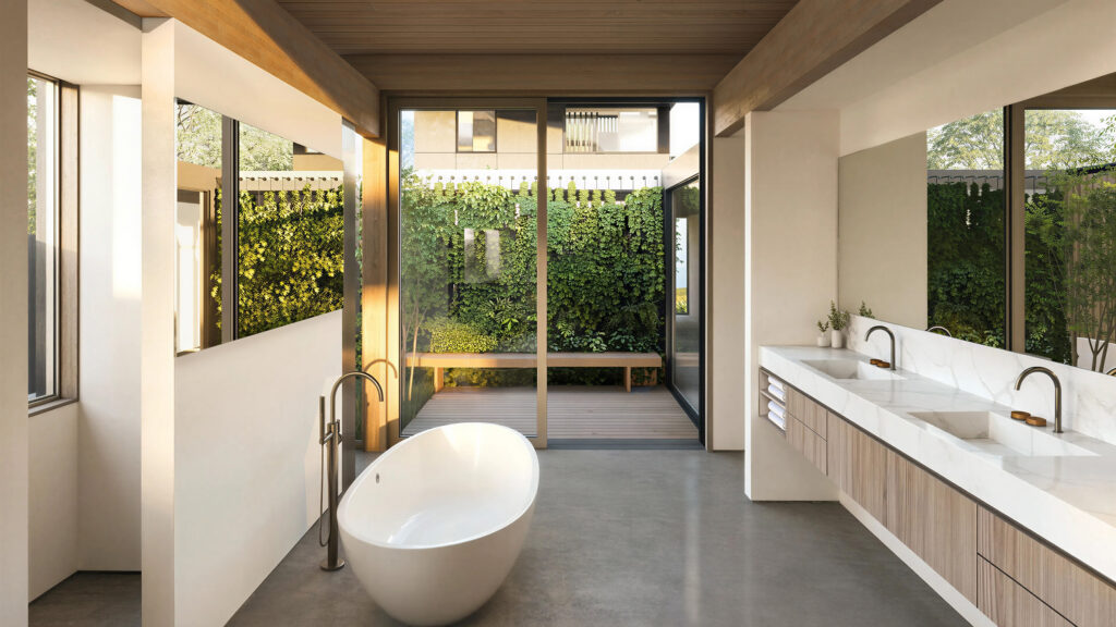 Rendering of the primary bathroom in a modern compound