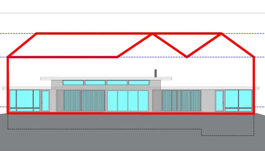 Section of a single-level modern home showing its modest scale compared to a traditional gabled home